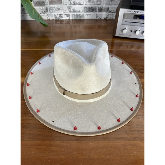 Summit Hat Company Other - Summit Hats Cream Suede Fedora Wide Brim Spiked Cone Studs Feather Festival Sz L